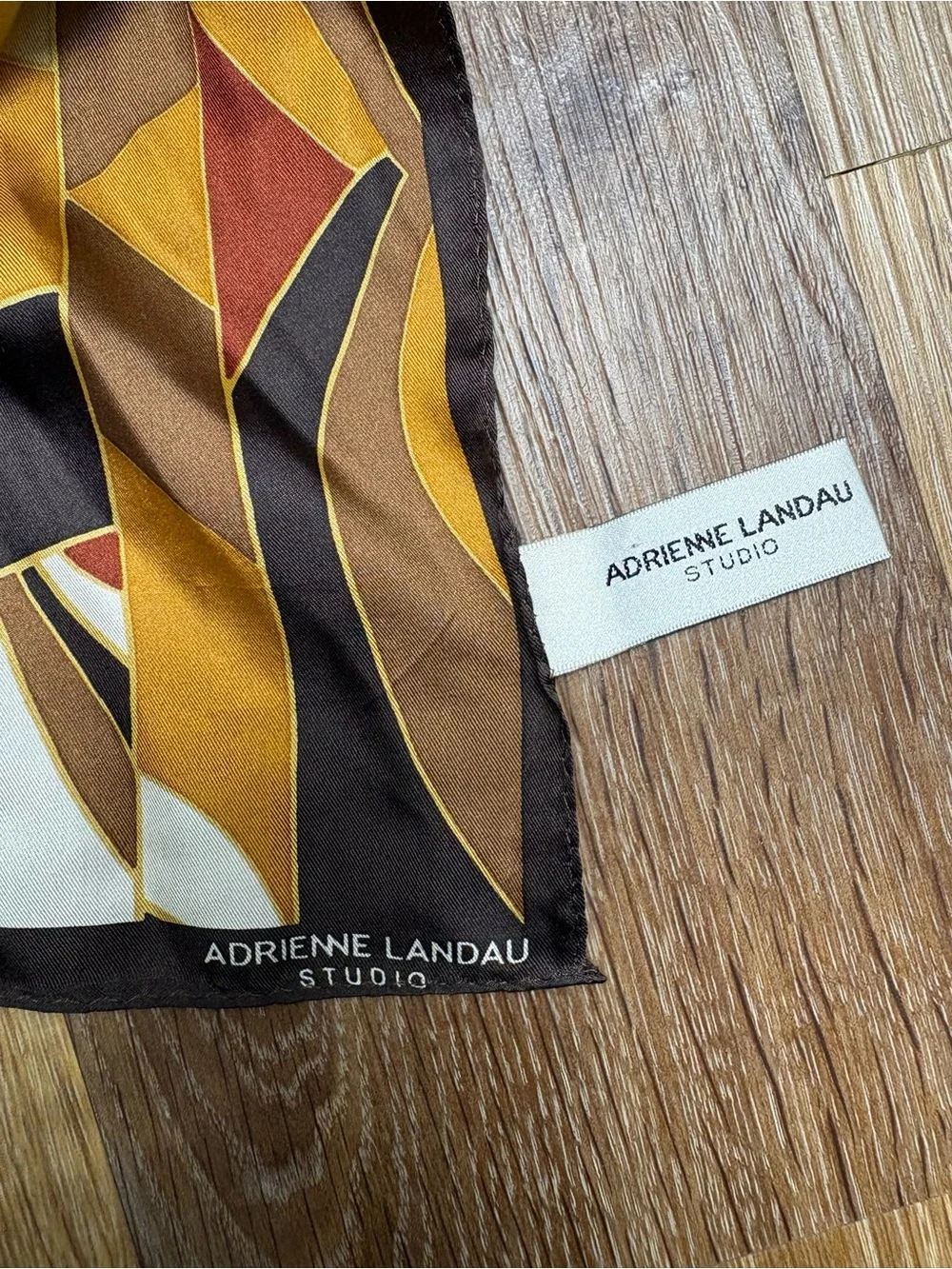 Adrienne Landau Brown Tan Cream Geometric Silk Scarf